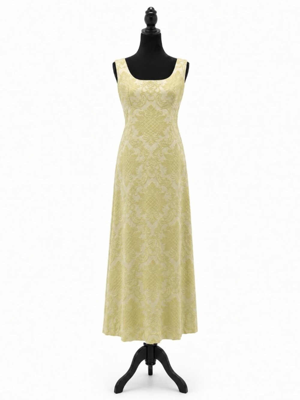 Vintage Sears Fashions Yellow Damask Maxi Dress Bust 36 Sleeveless Formal